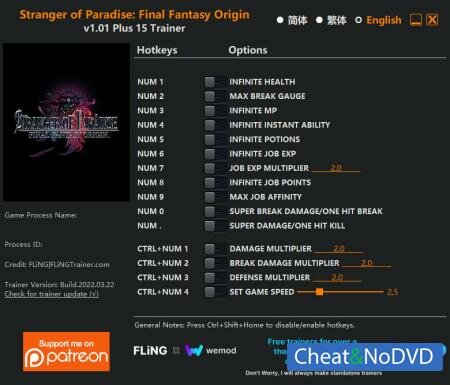 Stranger of Paradise: Final Fantasy Origin  Trainer +15 v1.01 {FLiNG}