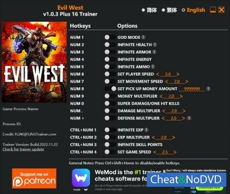 Evil West  Trainer +16 v1.0.3 {FLiNG}