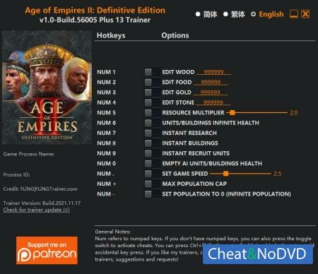 Age of Empires II: Definitive Edition трейнер Trainer +13 Build 56005 {FLiNG}