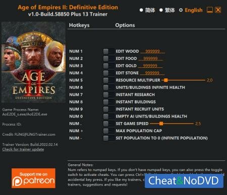Age of Empires II: Definitive Edition трейнер Trainer +13 Build 58850 {FLiNG}