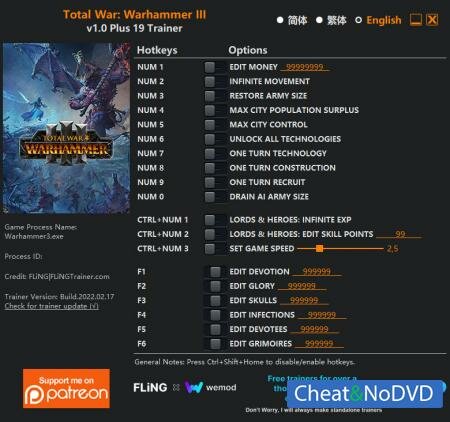 Total War: Warhammer 3  Trainer +19 v1.0 {FLiNG}