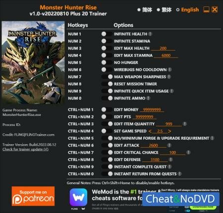 Monster Hunter: Rise трейнер Trainer +20 v2022.08.10 {FLiNG}