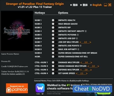 Stranger of Paradise: Final Fantasy Origin  Trainer +15 v1.22 {FLiNG}